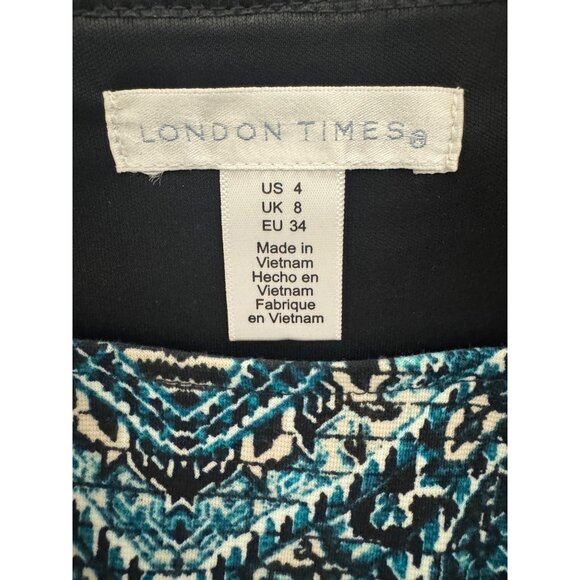 London Times Teal Print Shift Dress Sheath Size 4 Office Career Work Evening - Picture 5 of 6